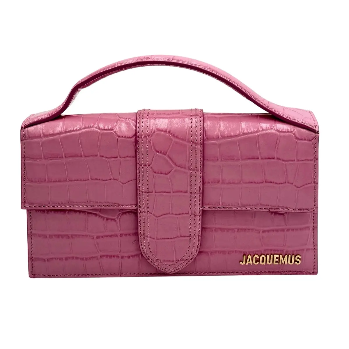 Pre-owned jacquemus Croc Embossed Leather Top handle Le Bambino Long shoulder bag in a pink crocodile embossed calfskin leather