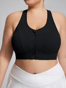 【Plus Size】 Solid Zip Front Stretch Sports Bra, Breathable Quick Drying Sports Bra, Women's Sport & Outdoor Clothes for Training Indoor Outdoor Wear, Yoga Activewear