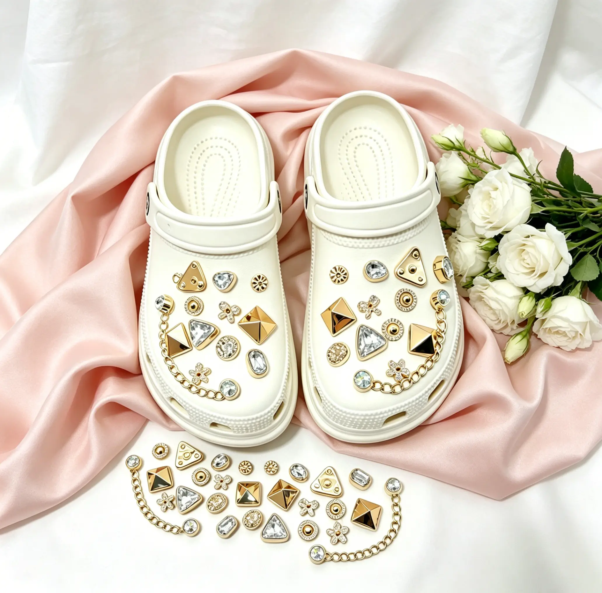 26 Pcs Bling Rhinestone Chain Shoe Charms for Crocs Cute Golden Girly Designer DIY Shoe Jewel Decorations Ideal Party Favors For Women Perfect Gift Party Favors for Birthdays/Christmas/New Year