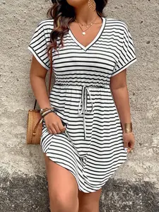 Women's Plus Size Dress Striped Short Sleeve V-Neck Casual Mini Dresses Tie Waist Drawstring Flowy Tummy Control Summer Beach Daily Outfits Trendy Casual Wear