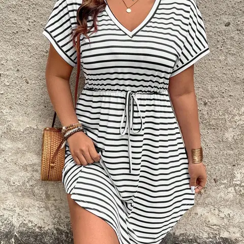 Women's Plus Size Striped Short Sleeve V-Neck Casual Mini Dress For Beach, Adjustable Tie-Waist Drawstring Flowy Tummy-Control Design, Trendy Summer Beach Daily Outfit