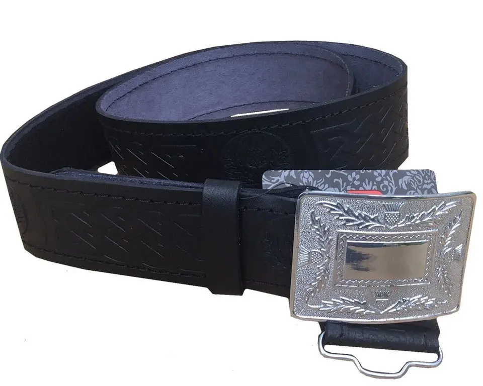 Genuine Leather Kilt Waist Belt for Men - 2¼” Wide Thistle Design, Scottish Highland Style with Celtic Chrome Buckle, Belt Compatible with Pipe Band Uniforms & Weddings