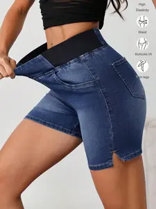 Women's High Waisted Denim Elastic Shorts, Loose Fit Design, Casual Fashion Pants, All Season Wear, Comfortable and Stylish