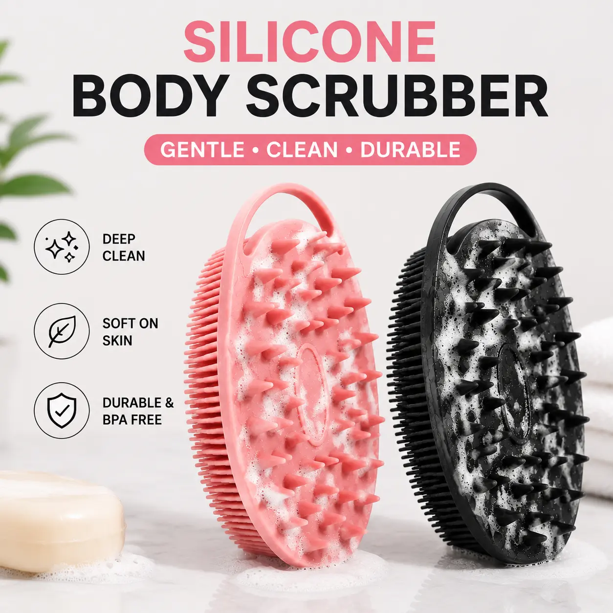 Double-Sided Silicone Bath Brush - Exfoliating Scalp & Body Shower Accessory, Gentle Massage Tool for All Skin Types, Hanging Multifunctional Personal Bathing Brush