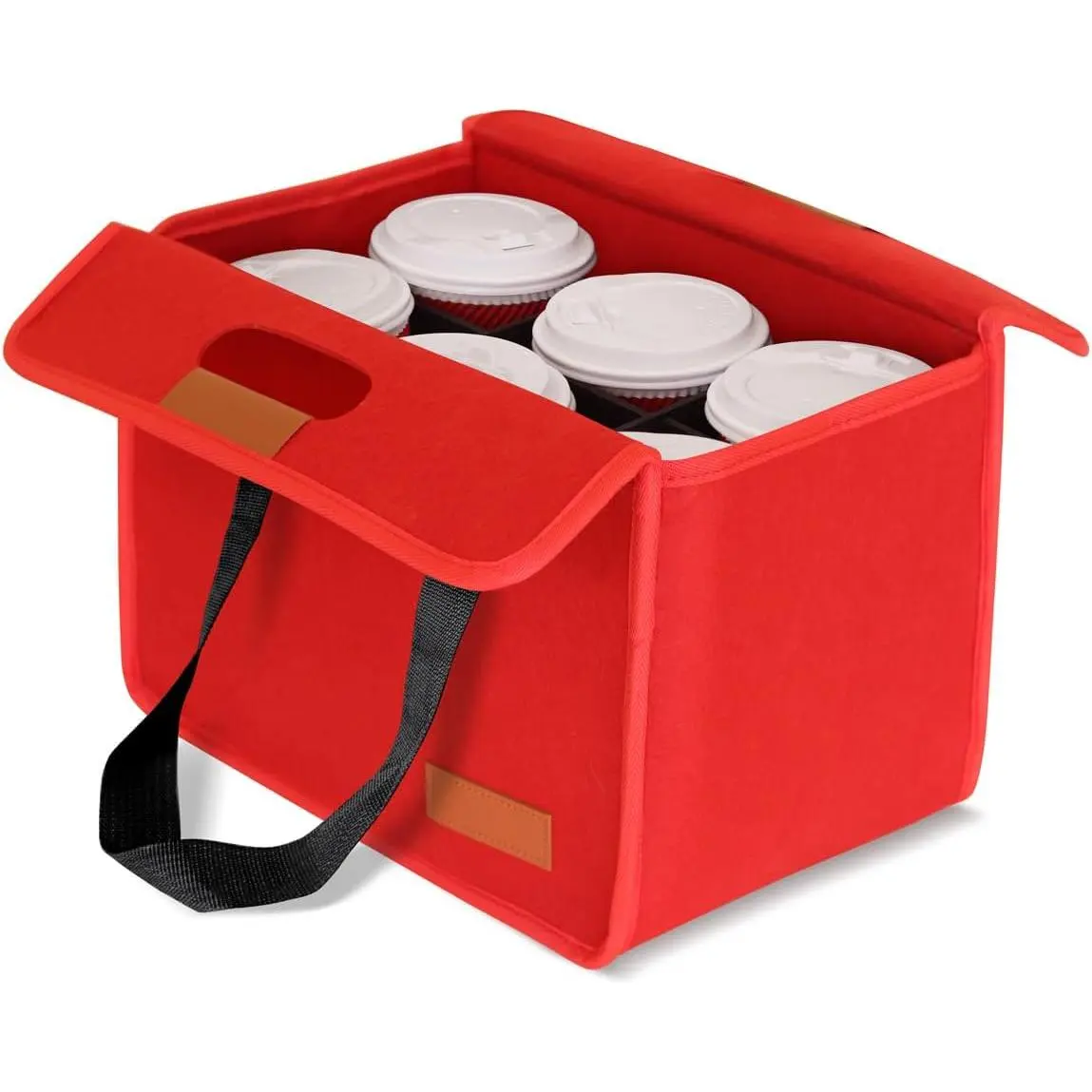 6 Cup Insulated Drink Carrier for Delivery,  Foldable Cup Holder for , Portable Coffee  for Travel 6 Cups Red Bag with Black Handle