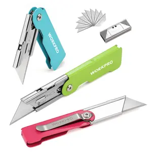 #SpringGlowUp WORKPRO 3-Pack Folding Utility Knife Set, Quick Change Blade Box Cutter, Razor Knife with Belt Clip, 10 Extra SK5 Blades for Cartons, Cardboard and Boxes