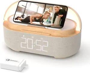 Bluetooth Speaker Alarm Clock with Wireless Charger, FM Radio, Adjustable LED Night Light, 6 in 1 Bedroom Portable Speaker 2500mAh, Phone Stand for Bedside, Home, Office, Gift (Wood) Audio Charging Rechargeable