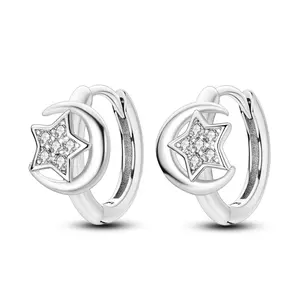 Mystical Celestial Star and Moon Hoop Earrings - Silver Plated Sparkling CZ Huggie Hoops, Aesthetic Cosmic Jewelry, Stackable Dainty Earrings for Women