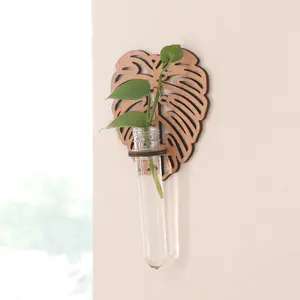 Wooden Wall Mounted Plant Propagation Station with Plastic Tube, Simple Hanging Vase for Hydroponic Plants, Home Decor and Indoor Garden