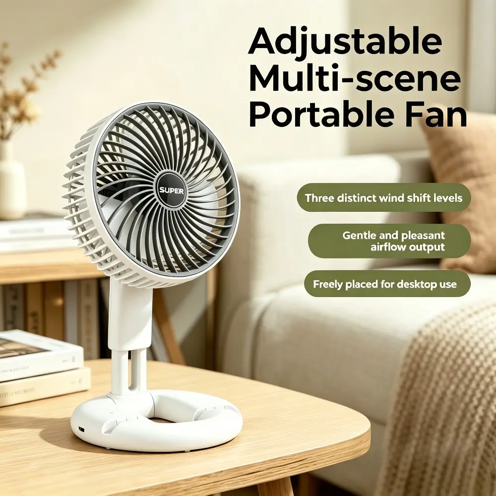 1pc Rechargeable Portable Mini Compact Desktop Fan - 3-Speed Adjustable, Silent Cooling Fan with 800mAh Battery, USB Charging, Telescopic Folding Rod for Camping, Office, Outdoor