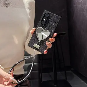 Women's Phone Case Protector, Folding Samsung Galaxy Z Fold 7/6/5 Cover, Fashion Protective Shockproof Anti-Slip Silver Color Heart Mirror Stand Casing