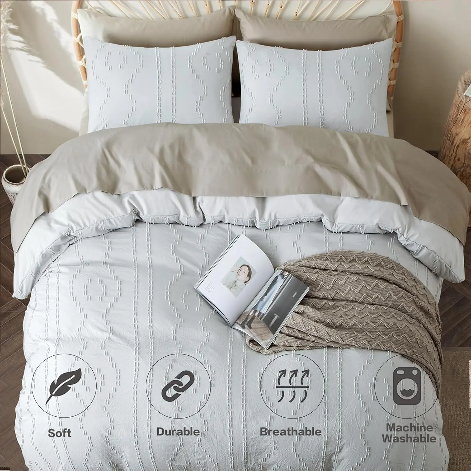 Duvet Cover Queen, 3PCS Boho Duvet Cover Set, Geometric Pattern Tufted Bohemian Comforter Cover Knit Textured Bedding Set with Zipper Closure (Light Grey)