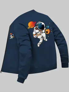 Men's Astronaut Print Zip Up Jacket, Regular Fit Casual Long Sleeve Pocket Outerwear for Fall & Winter, Men's Clothes for Daily Wear
