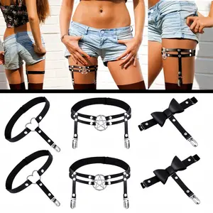 Women's Punk Gothic Thigh High Straps (6 Pieces) - Elastic PU, 1 Size, Flexible Fit, Heart Bows, Anti-Slip Clips, Adjustable Fashion Accessory for Gothic Outfits & Parties, Ideal Gift