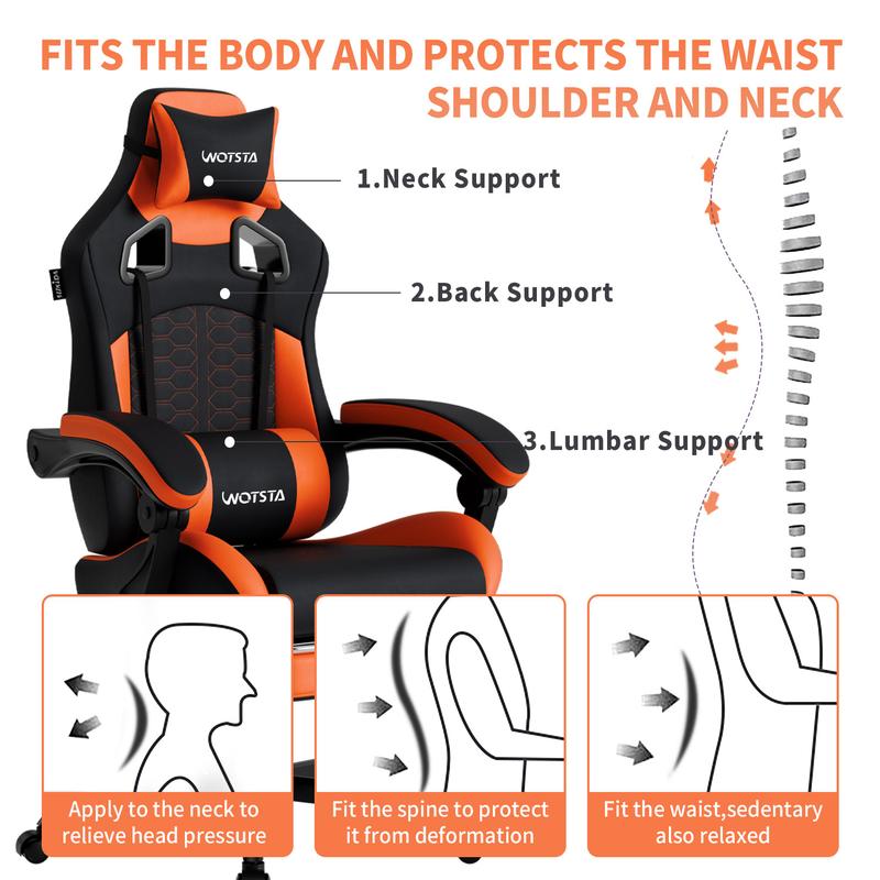 WOTSTA Gaming Chair with Footrest, Ergonomic Computer Chair, PU Breathable Material with Headrest and Lumbar Support, Suitable for Silla Gamer and Adults (Grey)