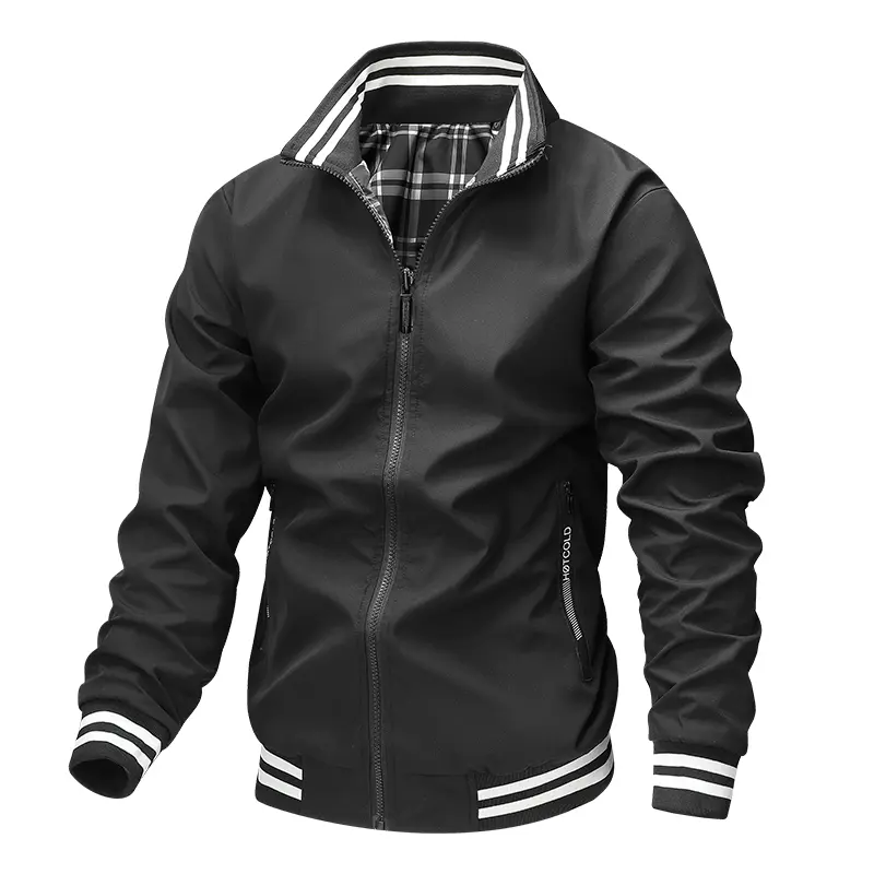 Men's Striped Stand-Collar Zip Windbreaker - Lightweight Tops, Plaid Lining, Black-and-White Striped Cuffs & Hem, Elegant Casual Spring/Autumn Baseball Jacket for Back to School, Menswear, Coats, Stylish, Zip Front