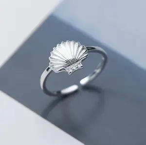 Elegant 18K 925 Sterling Silver Adjustable Sea-Shell Ring
