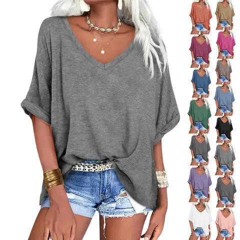 TANKANEO Women's Oversized T Shirts V Neck Short Sleeve Summer Casual Loose Tops Tees