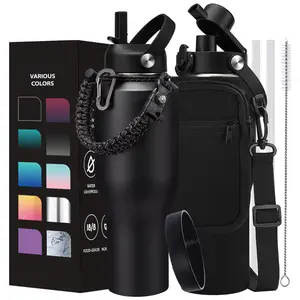 Insulated Tumbler with Paracord Handle 40oz - Metal Water Bottle with Straw & Pop-up Chug Lid, Carrying Case, Skinny Leak-proof Stainless Steel Tumbler Coffee Cup Fits in Car Cup Holder