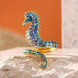 Bohemian Seahorse Stainless Steel Enamel Open Hoop Ring - Nautical Costume Jewelry with Vibrant Blue, Green Tiles, Ideal for Spring/Summer Beach Travel, Everyday Fashion Accessory