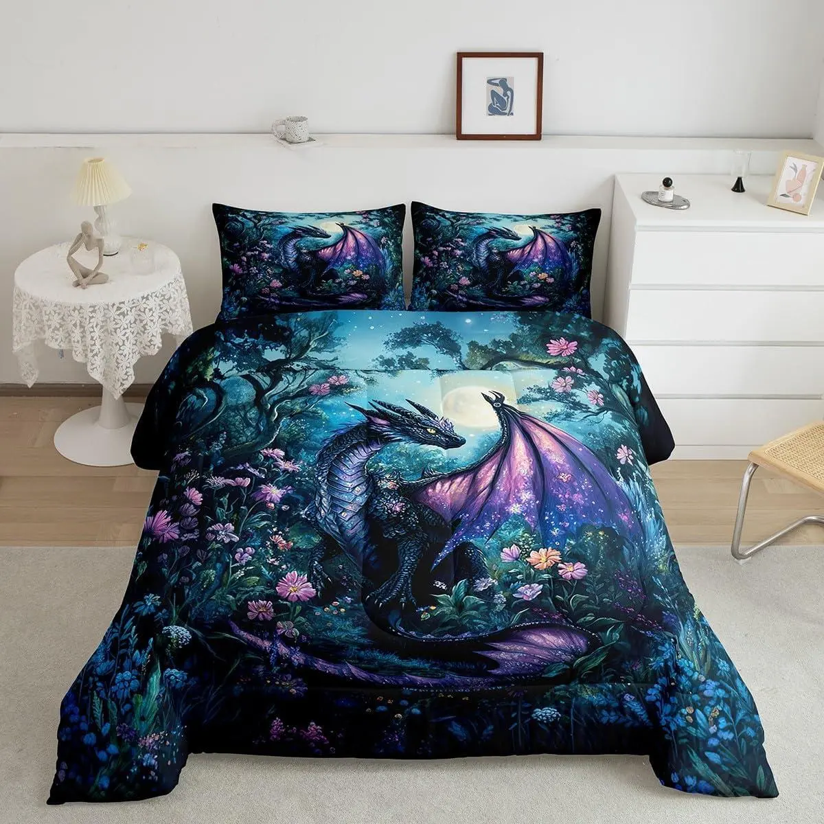 Feelyou Geometric Black-Blue Jungle Dragon Duvet Cover Set - Digital Print, Soft Texture, Breathable Bedding Linen, Multi-Size Including Queen, Bedding Set for Dormitory & Kids' Room Decor