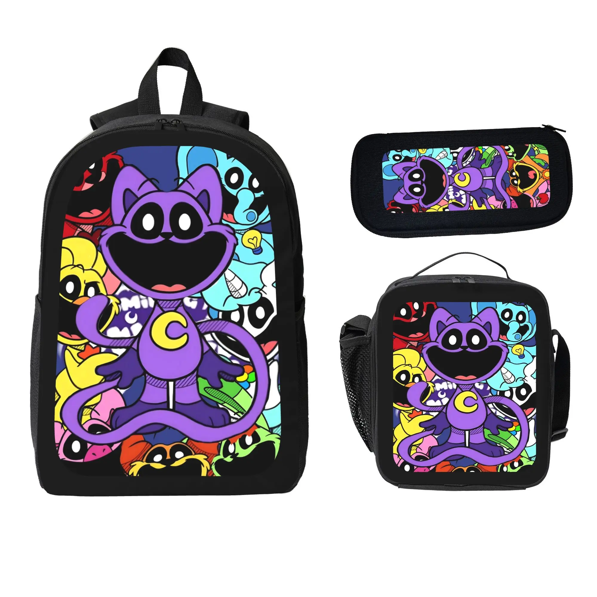 Smiling Critters CatNap Kids' 3-Piece Backpack Set - Insulated Bag, Pencil Case, Cartoon Critter Faces, Vibrant Print - Back to School Accessory