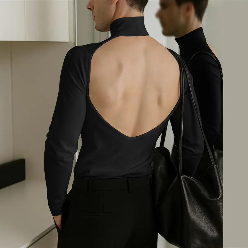 INCERUN Men's Slim-Fit Long-Sleeve T-Shirt - Classic Plain Woven Fabric, Turtleneck, Open-Back Fashion Apparel, Black Streetwear for Nightlife, Dark Agent Role-Play All-Season Menswear Top