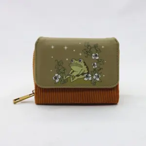 Cute Cartoon Frog Print Mini Flip Cover Wallet, Button Closure, Velvet Fabric, Zipper Pouch, Cash Holder, 4 Credit Card Slots