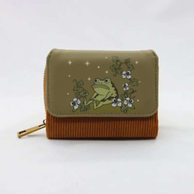 Cute Cartoon Frog Print Mini Flip Cover Flap Wallet, Button Closure, Velvet Fabric, Zipper Pouch, Cash Holder, 4 Credit Card Slots, Card Coin Pouch