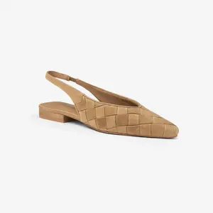 Sheep Skin Leather Slingback Flats for Women, Pointed Toe Mule Shoes with Adjustable Buckle, Comfortable Low Heel Dress Flats for Work Office Casual