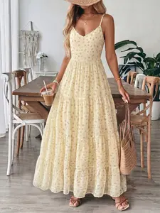 Yellow Floral Tiered Maxi Dress - 2026 Trending Summer Bohemian Vacation Dress, Soft Fabric Perfect for Beach & Date, Womenswear