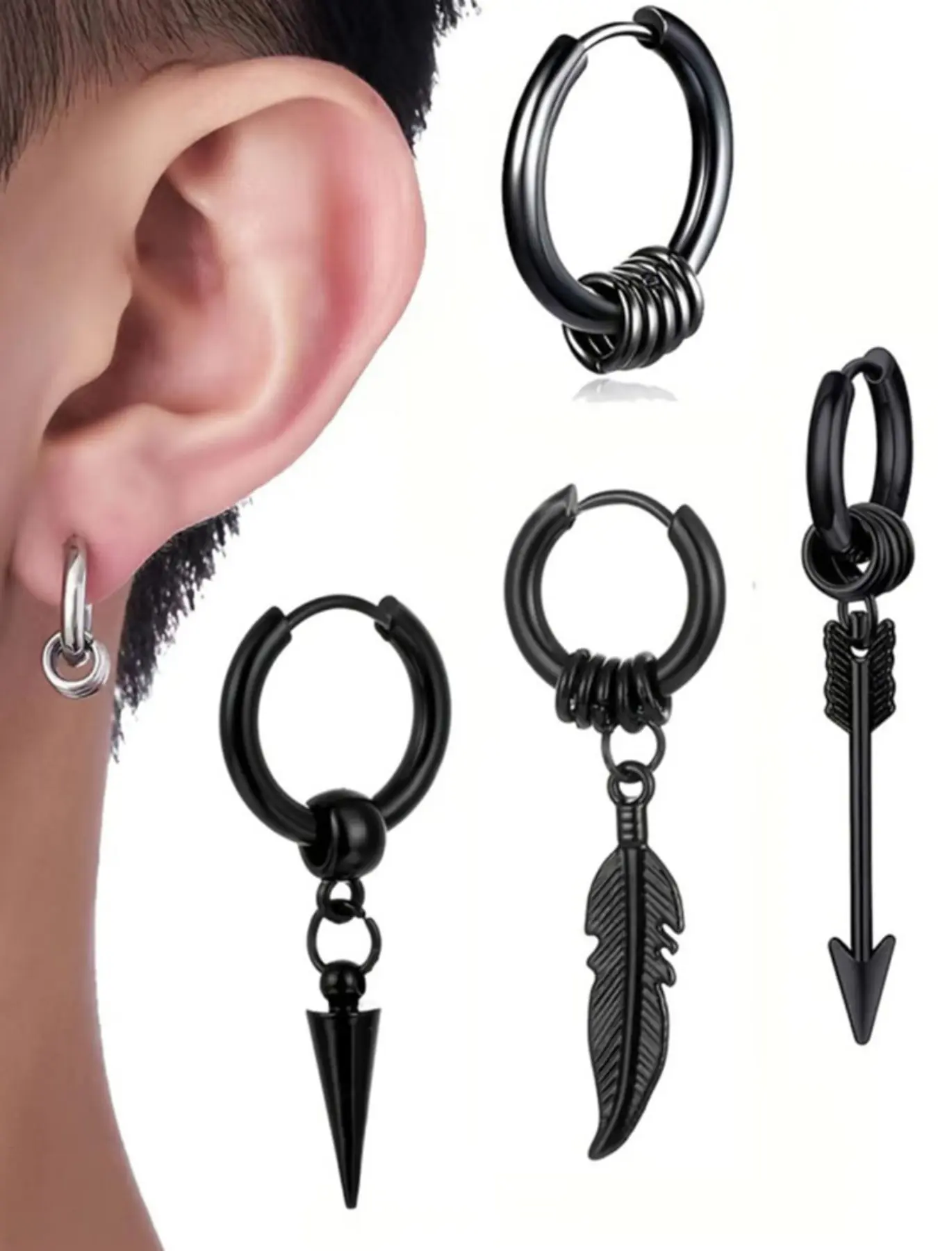 Punk Style Stainless Steel Earrings Set, Coiled Ear Cuffs, Leaf Tip Cone Arrow Pendant, 4 Piece Combination, Fashion Jewelry, Earring Stacking Set, Stackable Earrings, All Seasons
