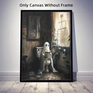 1Pc Optinal Frame Vintage Ghost on Toilet Canvas Poster, Unframed Art Print, Ghost in Bathroom, Dark Academia Wall Art, Halloween Decor, Bathroom Decor, Home, Dormitory Decoration