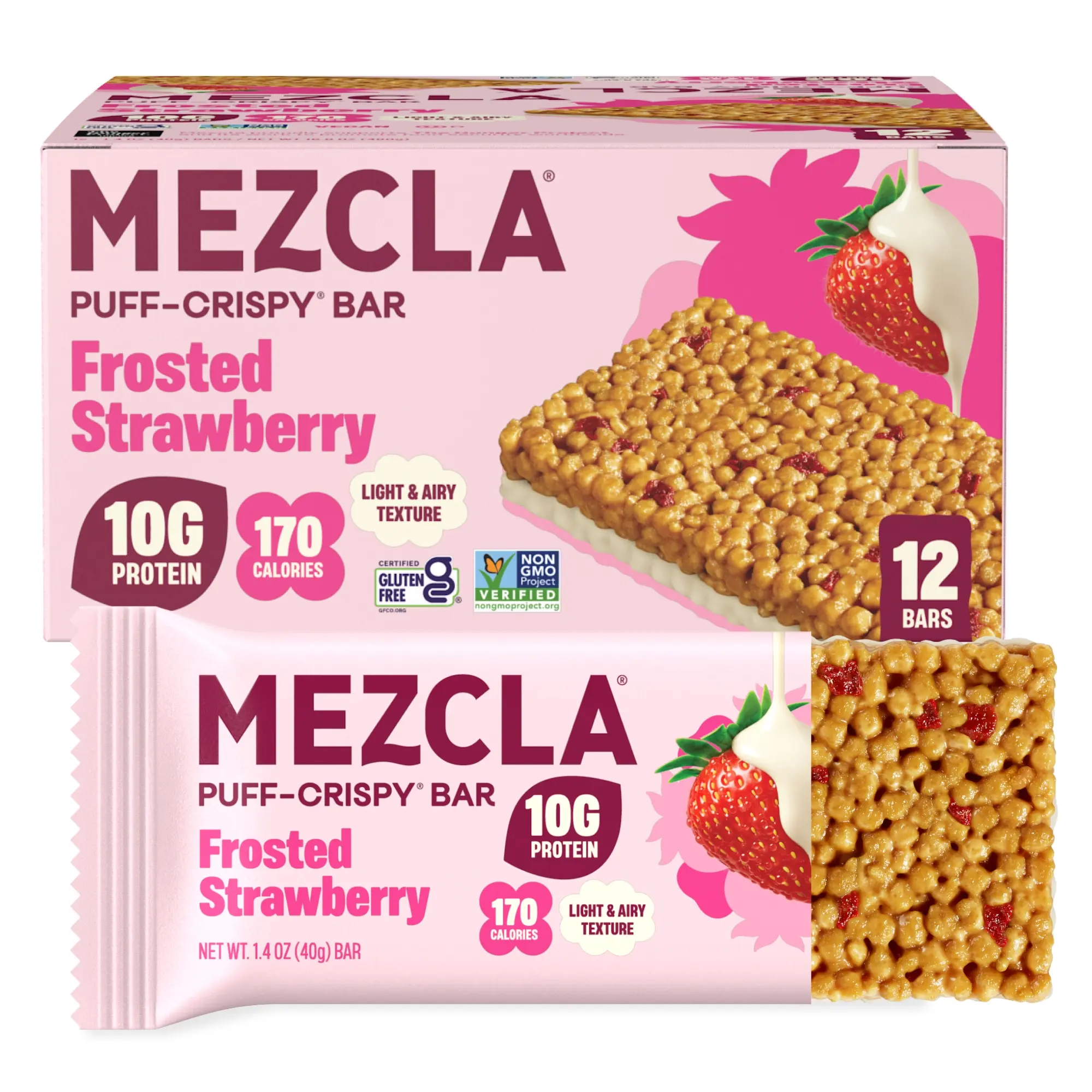 Mezcla Frosted Strawberry Puff Crispy Protein Bar, 10g Plant Protein, Vegan Treat