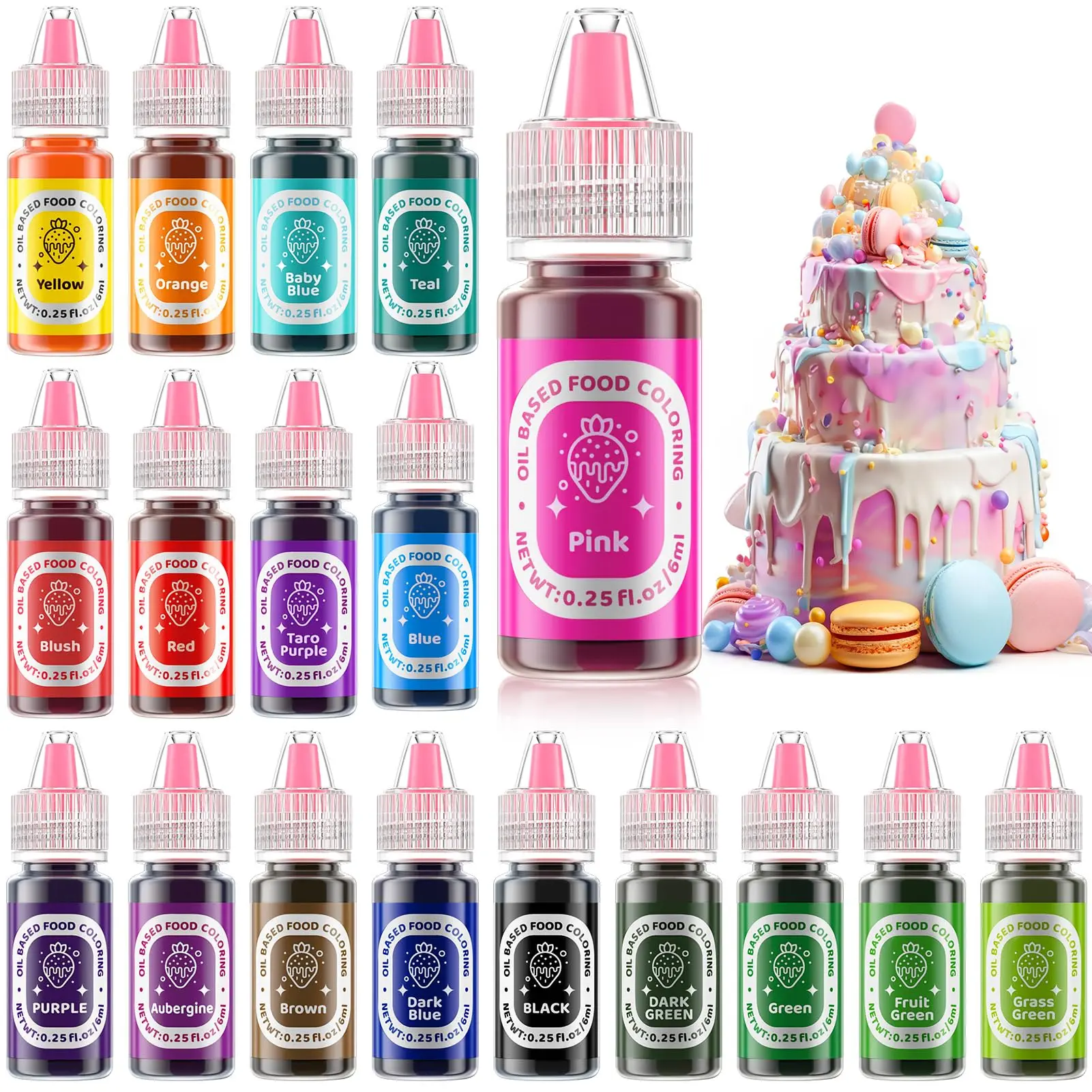 Oily Food Colors Chocolate 18 Color Set for Cake Decorating,Candy Melts,Oily Frosting,Cookie Fudge,Meringue & More Cupcake Dessert 0.25 Fl. Oz Bottles
