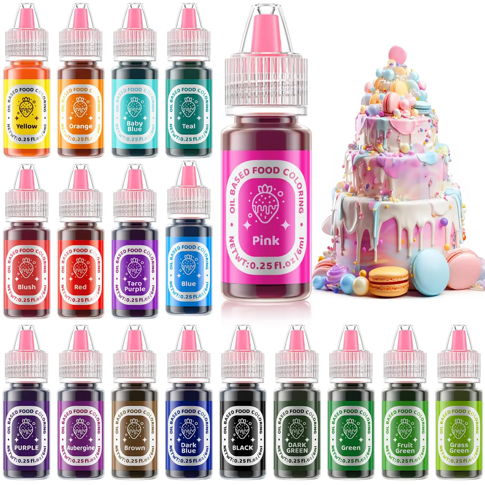 Oily Food Colors Chocolate 18 Color Set for Cake Decorating,Candy Melts,Oily Frosting,Cookie Fudge,Meringue & More Cupcake Dessert 0.25 Fl. Oz Bottles