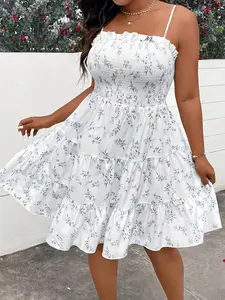 Summer Layered Ditsy Floral Dress, Spaghetti, Sleeveless Knee-Length, Elegant A-Line, Lightweight Fabric, Beach Travel, Casual, Chic, Auyz186