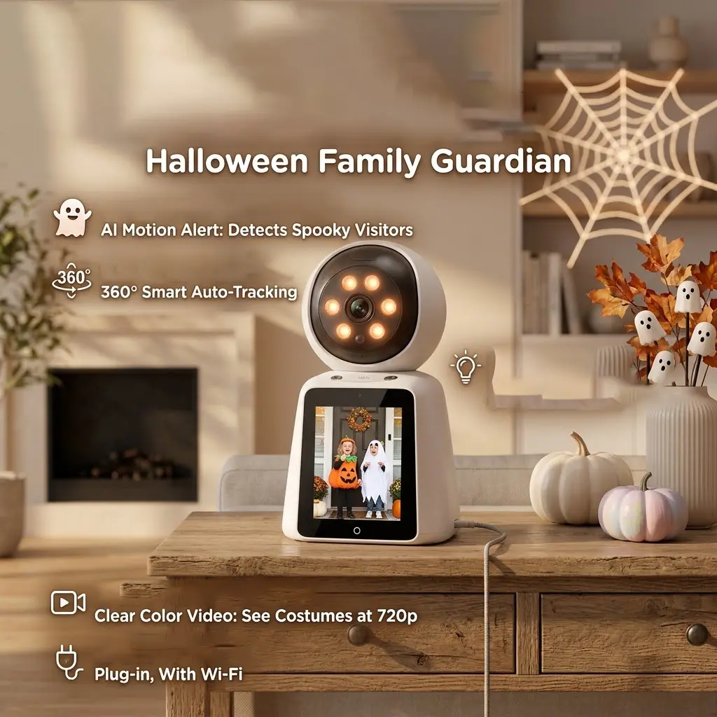 Smart Indoor Camera with Screen & 1-Click Video Call | 360° Tracking, Motion Alert | Perfect Family Monitor & Halloween Candy Guard