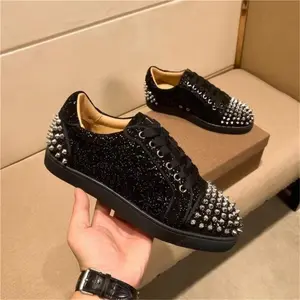 Luxury Black Velvet Studded Shoes Red soled Sneakers – Designer Men’s and Women’s Streetwear Shoes with Silver Spikes and Geometric Pattern