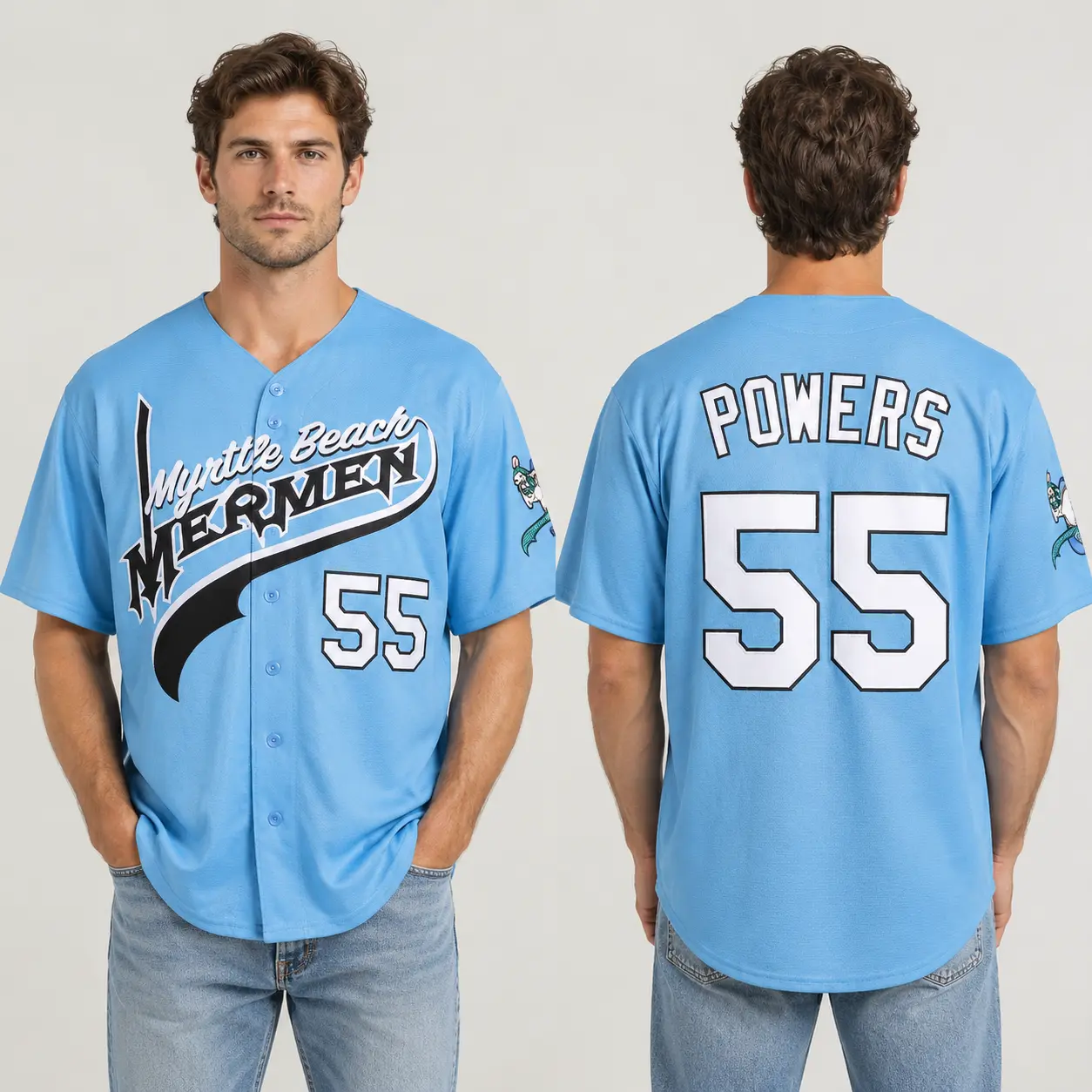 Men's Baseball Jerseys 55 Kenny Powers Eastbound & Down Charros Myrtle Beach Mermen Light Blue S-8XL TikTok Viral Polo Shirt breezy bowl jersey Christmas Eve gifts Holiday