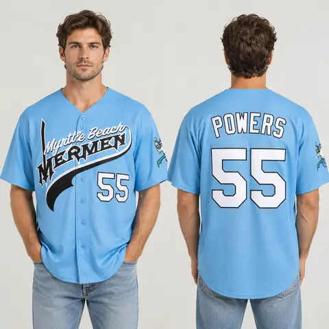 Men's Baseball Jerseys 55 Kenny Powers Eastbound & Down Charros Myrtle Beach Mermen Light Blue S-8XL TikTok Viral Polo Shirt breezy bowl jersey Christmas Eve gifts Holiday