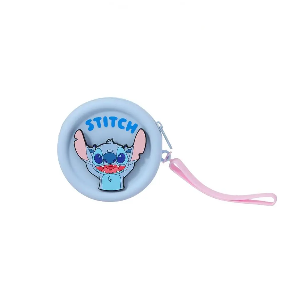 Disney Stitch Cute Coin Purse with Adorable 3D Stitch Design, Round Silicone Pouch for Fans with Secure Zipper & Pink Wrist Strap, 3D Design, Adorable Stitch Design