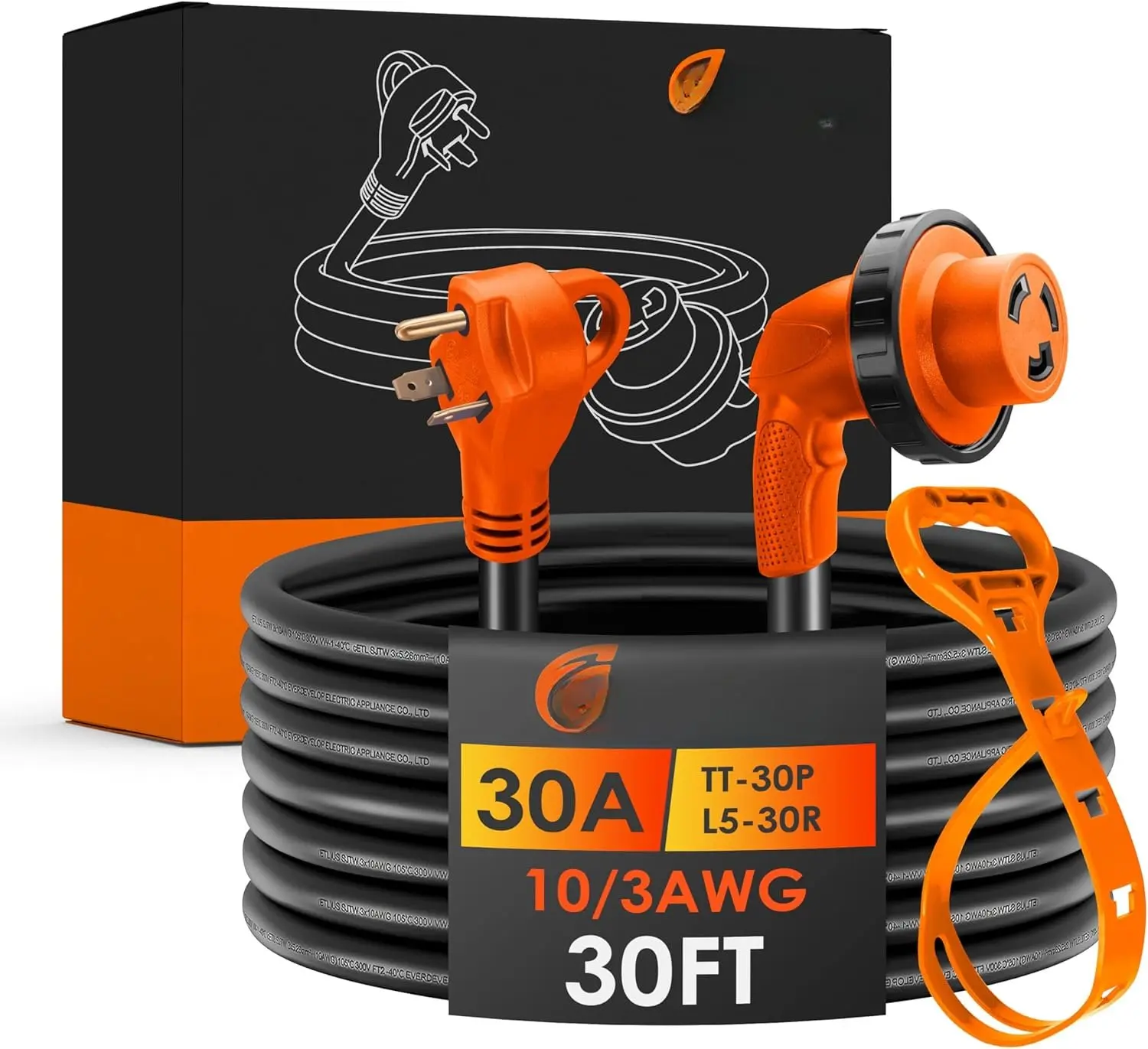 Heavy Duty 30 Amp RV Extension Cord 30 ft NEMA TT-30P to L5-30R with LED Power, Reverse Polarity Lamp, 120V/125V