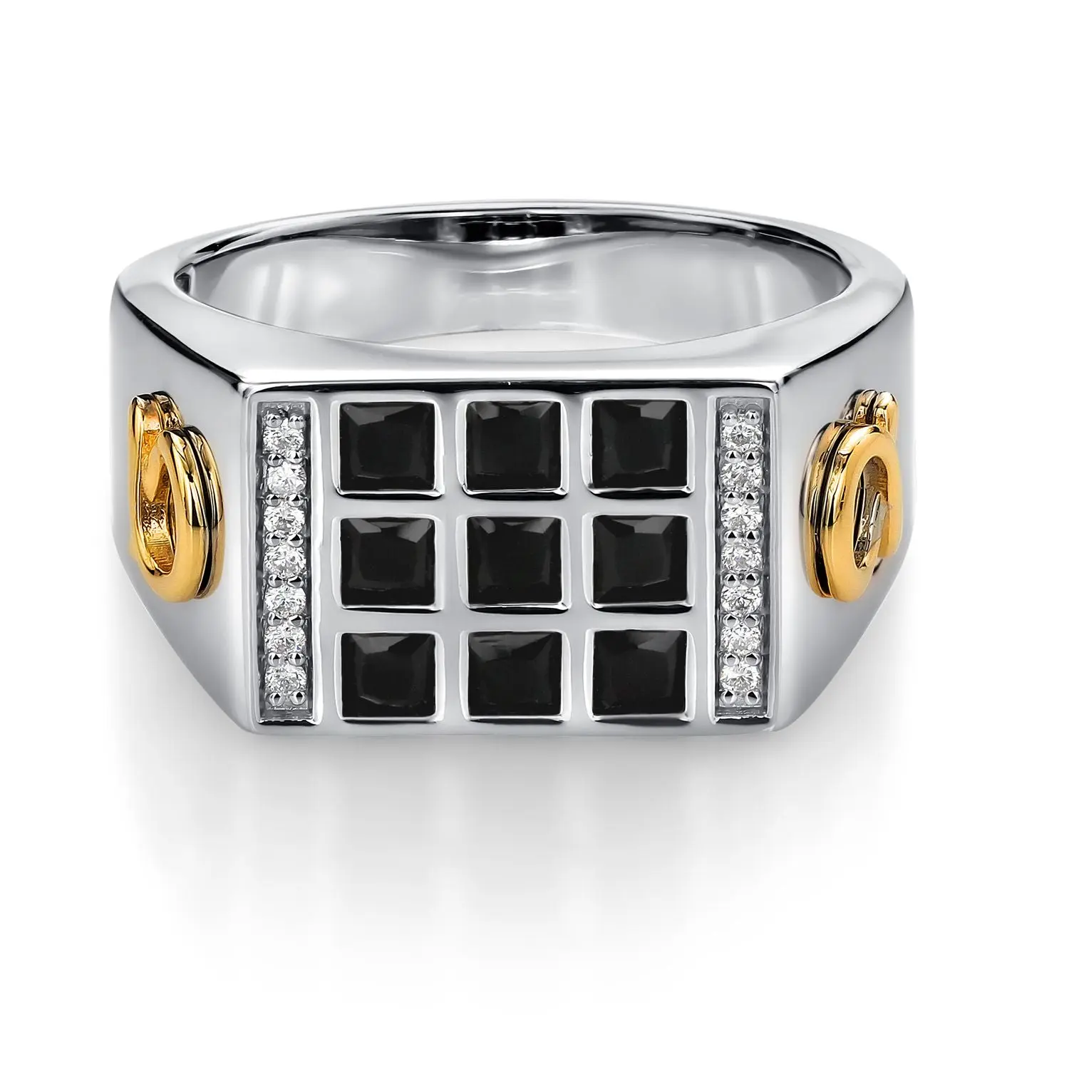 Men's 925 Sterling Silver and 10K Yellow Gold Black Onyx and White Lab Grown Diamond Ring with Alpha Symbol (1.27 Cttw)