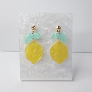 #215 Pearlescent Lemon with Green Leaves & Gold Ball Stud Earrings, Casual, Fruit, Food, Summer, Acrylic