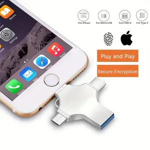 4-in-1 iPhone Flash Drive USB 3.0, External Drive for Backup & Transfer, USB Memory Stick Pen Drive for iPhone & iPad & Type-C &Android & PC, High Compatibility with 64GB 128GB 256GB 512GB 1TB Storage