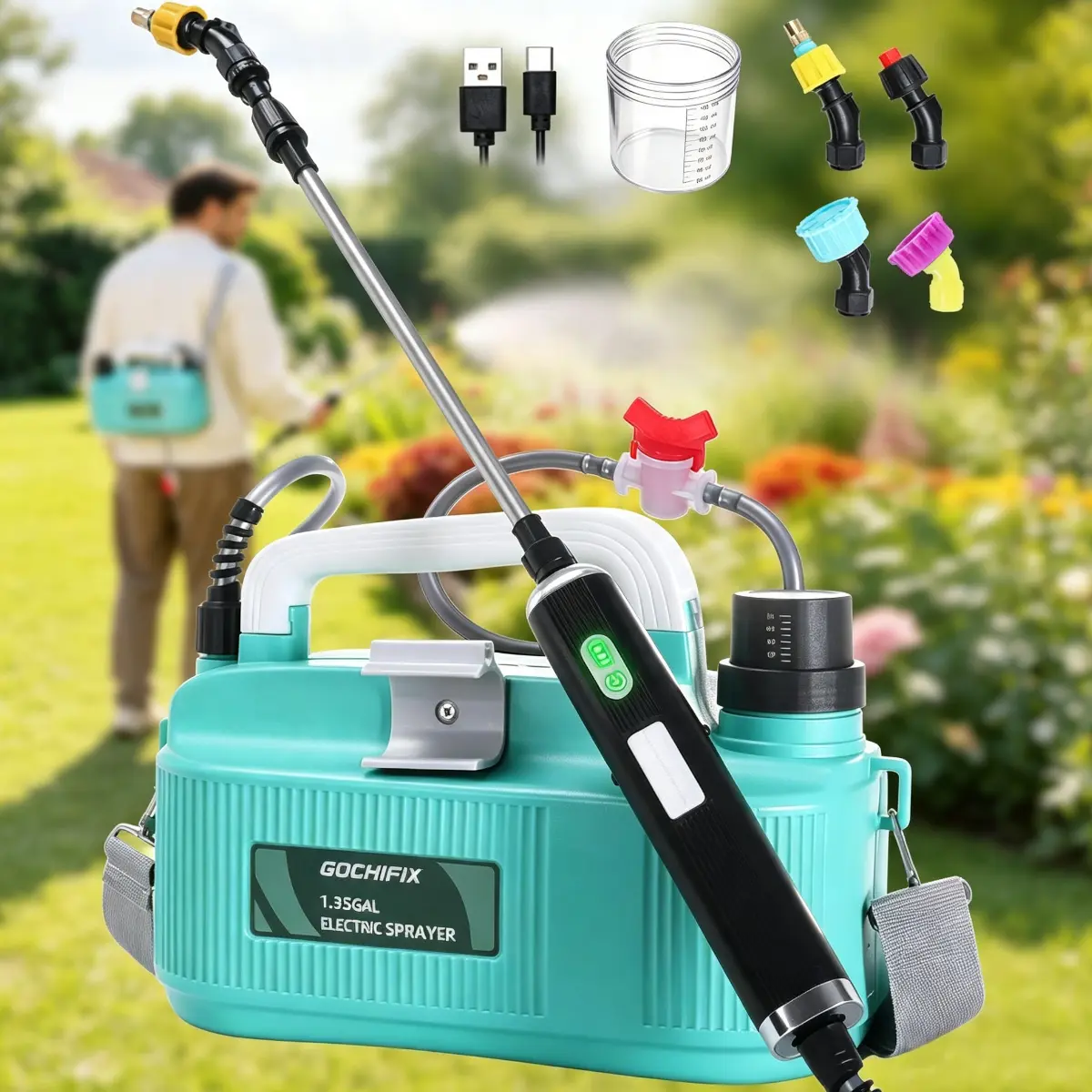 Battery Powered Sprayer 1.35 Gallon, Electric Weed Sprayer with 3 Adjustable Pressure Levels, 4 Nozzles & Extendable Wand, Rechargeable Garden Sprayer for Yard, Lawn, Plants & Fertilizer