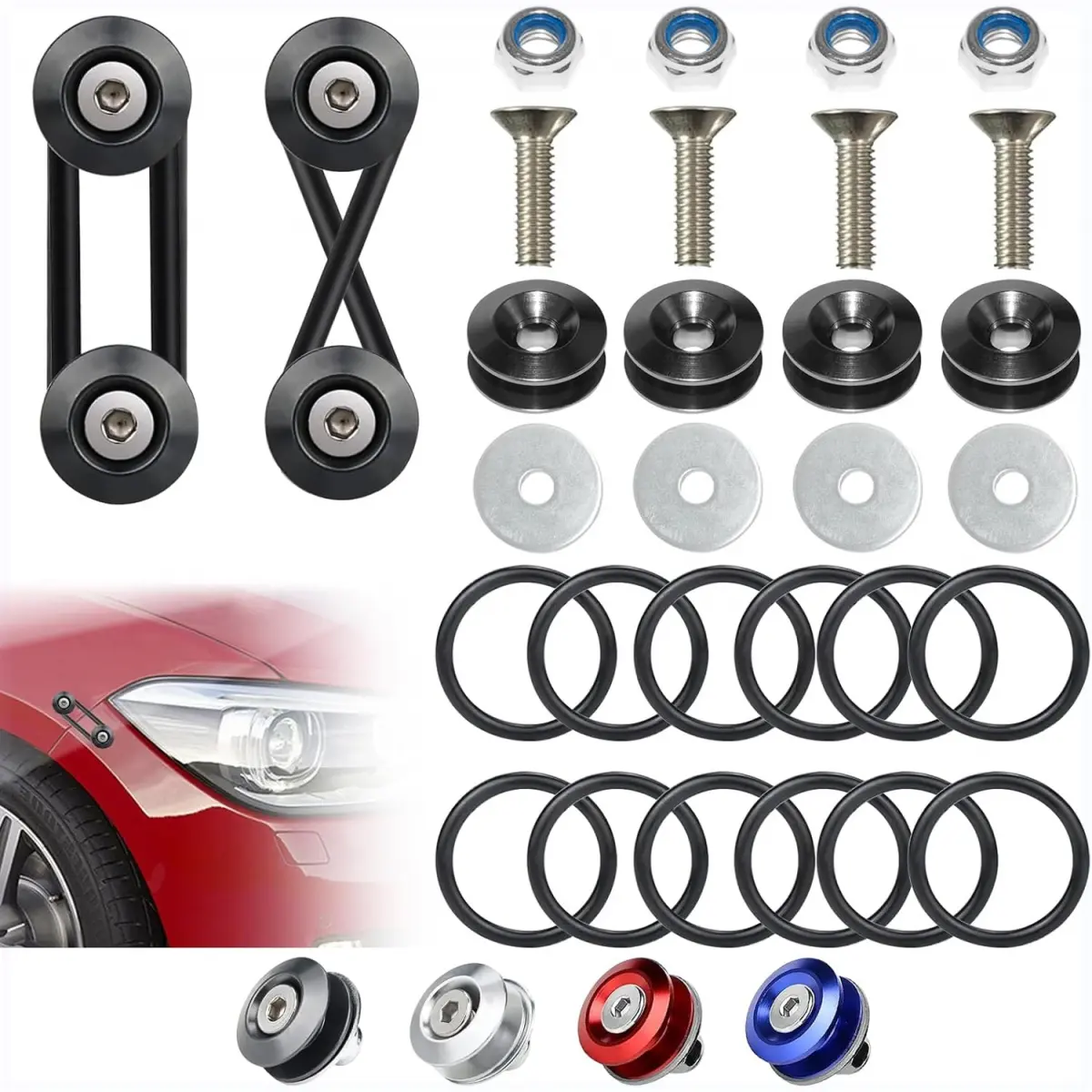 Universal Bumper Clips, Front Rear Bumper Quick Release Kit, Bumper Holders for Cars (4 Black Bumper Quick Release Tabs and 12 Customized O-Rings)