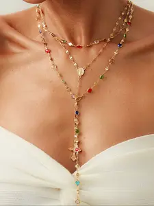 Women's Crystal Cross Design Pendant Necklace Set, Artificial Gemstone Chain Jewelry, Party Gift for Women & Girls, Elegant Daily Wear Accessory, Statement Necklace