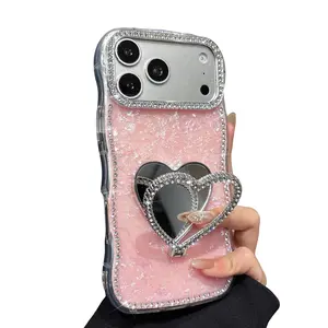 Glitter Mirror Case for iPhone 17/16 15 14 13 Pro Max,Cute Luxury Shiny Diamond Heart Makeup Mirror Bling Sparkly Rhinestones Thin Soft Case for Women Girls